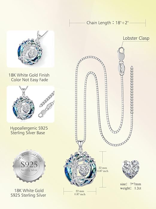 TOUPOP Christmas Gifts Tree of Life Birthstone Necklace 925 Sterling Silver Pendant Austrian Crystal Jewelry Anniversary Birthday Gifts for Women Mom Her Wife