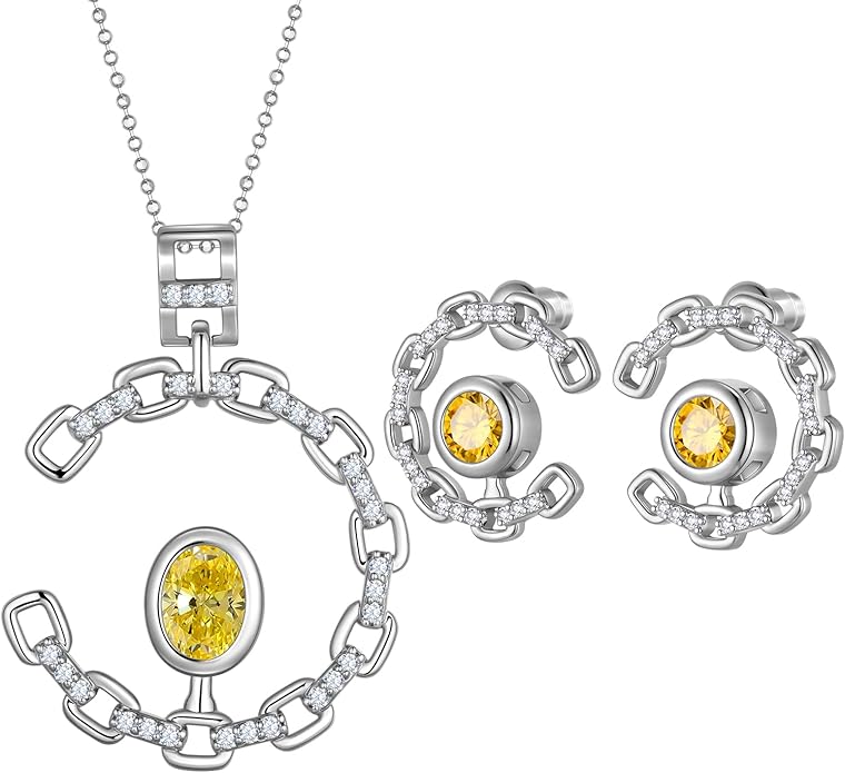 Ydou Elegant C-Shaped Crystal Necklaces/Stud Earrings Set with Birthstone Jewelry Set Silver Plated Fashion Jewelry for Women CS0003