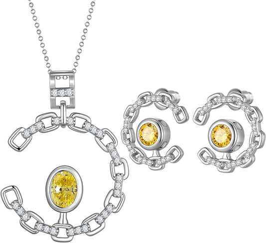 Ydou Elegant C-Shaped Crystal Necklaces/Stud Earrings Set with Birthstone Jewelry Set Silver Plated Fashion Jewelry for Women CS0003