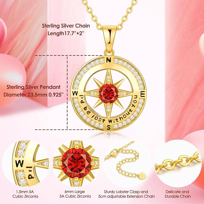 Zifeel Compass Necklace Gifts for Women wife - S925 Sterling Silver Birthstone Necklaces for Women - Anniversary Birthday Gifts for Her Wife Girlfriend - Valentines Mom Mothers Day Christmas Gifts Jewelry for Women