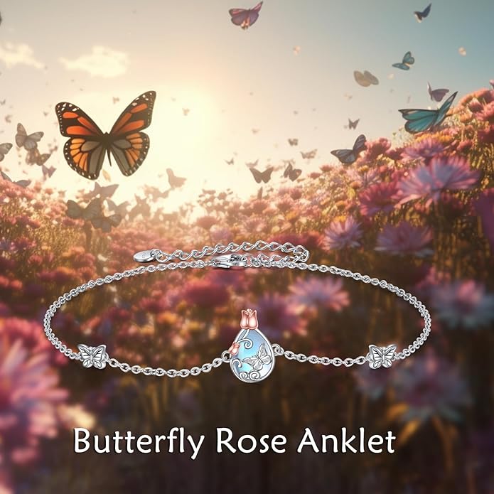 AOBOCO Sterling Silver Anklet for Women Crystal Butterfly Dragonfly Evil Eye Ankle Bracelet