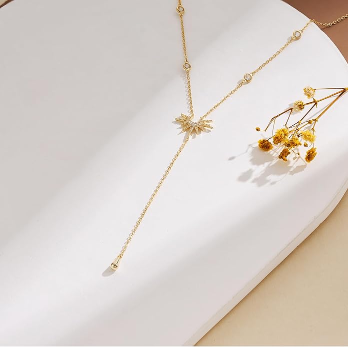 Lariat Long Necklace for Women Trendy Layered Y Necklace Dainty Pendant Drop Dangle Necklace Y-Shaped Necklace Simple CZ Necklace for Women Jewelry