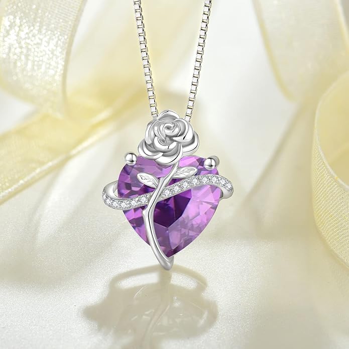 Birthstone Necklace for Women 925 Sterling Silver Love Heart Rose Flower Necklace Dainty Jewelry Gifts for Women Wife Girlfriend Mother Daughter Her