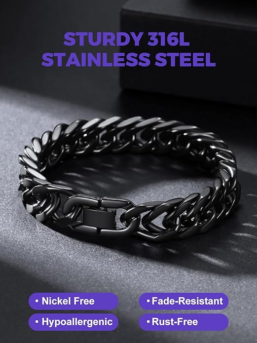 Richsteel Cuban Link Chain Bracelets 8/12/17mm Width Stainless Steel Chain Wrist Bracelets for Men, 7.4/8.2/9 Inch Length Classic Jewelry for Christmas/Valentine's Day/Birthday