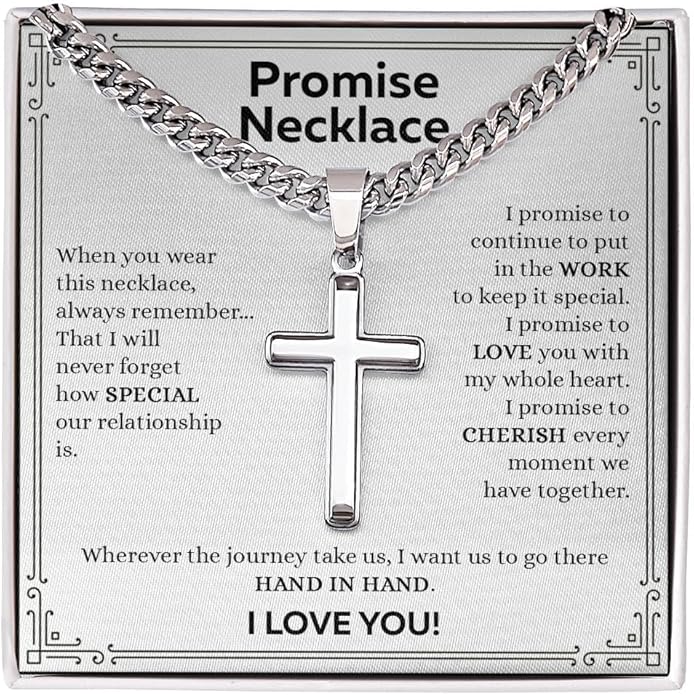 GLAVICY Promise Cross on Cuban Necklace For Him, Sentimental Gift for Husband, Boyfriend, Man with Message Card and Box, Promise Jewelry on Birthday, Valentine Day