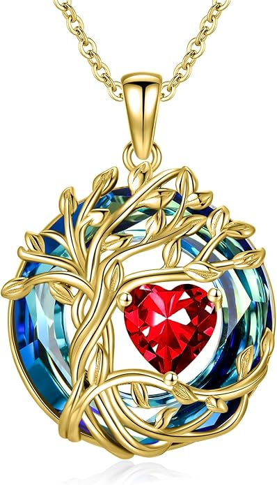 TOUPOP Christmas Gifts Tree of Life Birthstone Necklace 925 Sterling Silver Pendant Austrian Crystal Jewelry Anniversary Birthday Gifts for Women Mom Her Wife