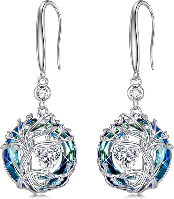 TOUPOP Tree of Life Birthstone Earrings for Women 925 Sterling Silver Family Tree Dangle Earrings Austrian Crystal Jewelry Birthday Christmas Gifts for Her Girlfriend Wife Mom