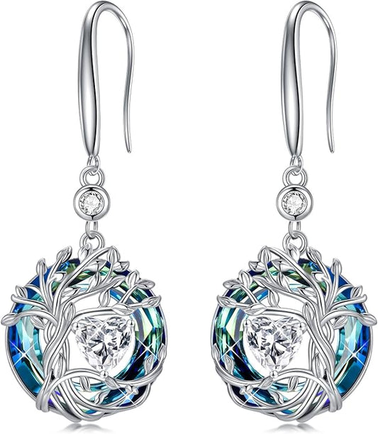 TOUPOP Tree of Life Birthstone Earrings for Women 925 Sterling Silver Family Tree Dangle Earrings Austrian Crystal Jewelry Birthday Christmas Gifts for Her Girlfriend Wife Mom
