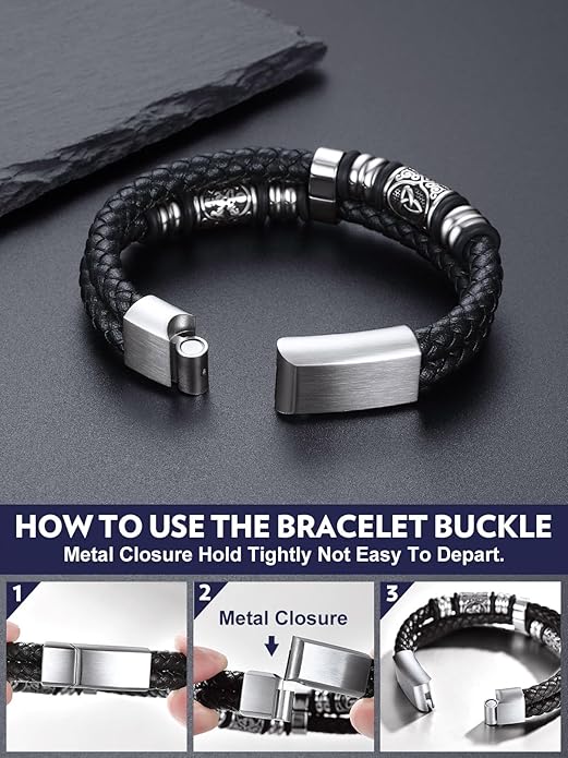 Bandmax Mens Black Double Wax Rope Cuff Bracelets Waterproof Stainless Steel Norse Style Celtic Knot Beads Bracelet Wristband Gift for Men