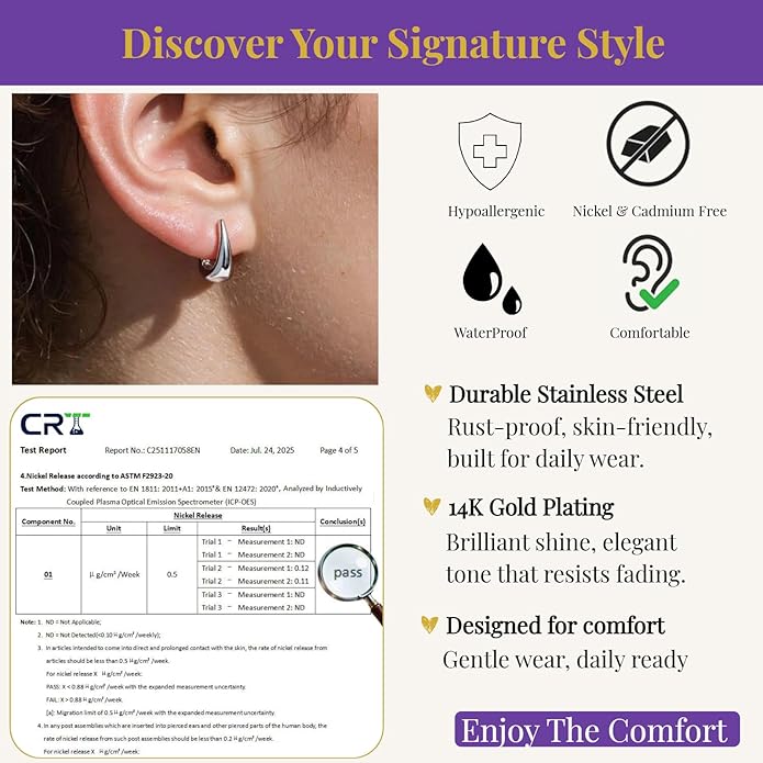 14K Gold/Silver Square Hoop Earrings for Women - Teardrop Hypoallergenic Stainless Steel Huggie Hoops Small Latch Back Geometric Minimalist Jewelry Gifts for Everyday Birthday Anniversary