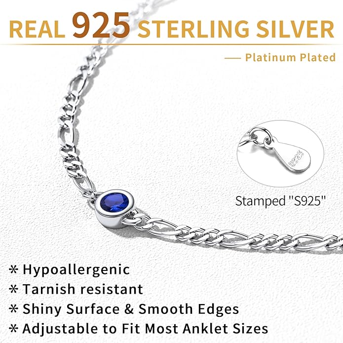 ChicSilver Sterling Silver Anklets Bracelets for Women, Figaro Chain Heart/Round Birthstone Anklet for Women Waterproof, Dainty Herringbone Ankle Bracelet Summer Beach jewelry