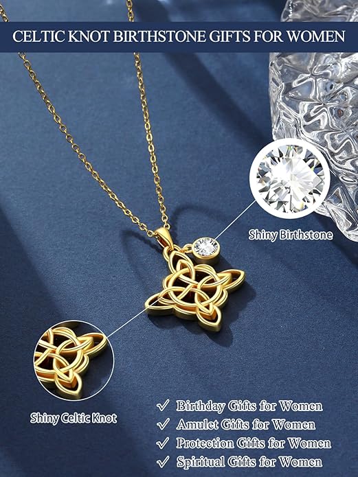 Witches Knot Necklace for Women, 14K Gold Celtic Knot Cross Jewelry with Triquetra Trinity with Birthstone Pendant, Birthday Witchy Spiritual Gifts for Her Wife Mom Grandma, 18+2 Inch Chain
