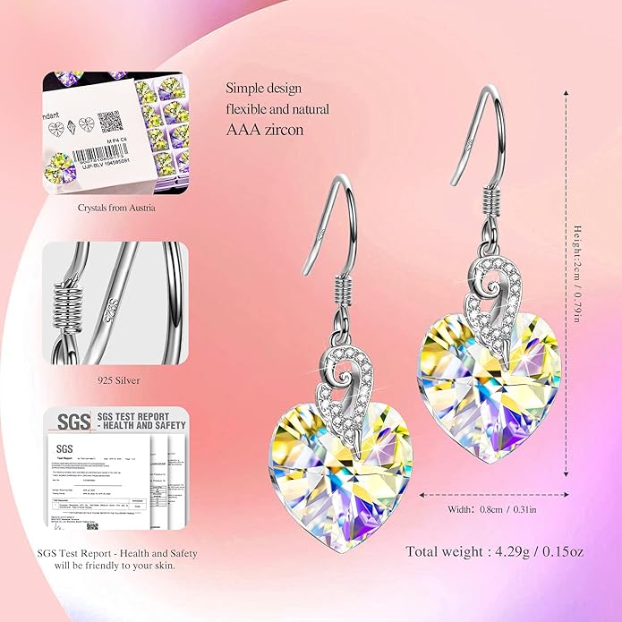 Kate Lynn Angel Wings 925 Sterling Silver Heart Earrings for Women, Packaged with Jewelry Box, Christmas Gift Birthday Gift Anniversary Jewelry Gift for Women, Symbol of Love, Beauty and Guardian