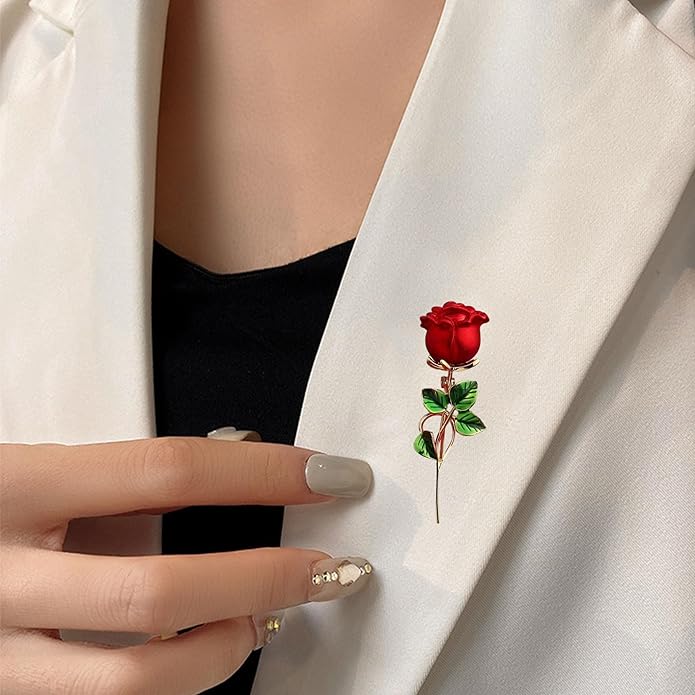 Just Follow Red Rose Flower Brooch with Rhinestones Sparkling Floral Pin for Women Vintage Blazer Jacket Dress Hat Scarf Accessory