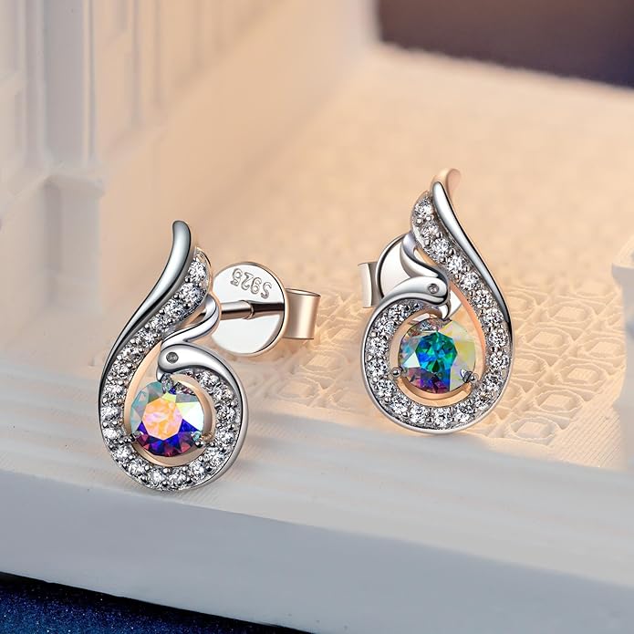 Kate Lynn "Rise From the Ashes" Sterling Silver Phoenix Earrings, Stud Earrings with Crystals from Austria, Packaged with Jewelry Box, Birthday Gifts for Women, Symbol of Luck and Renewal