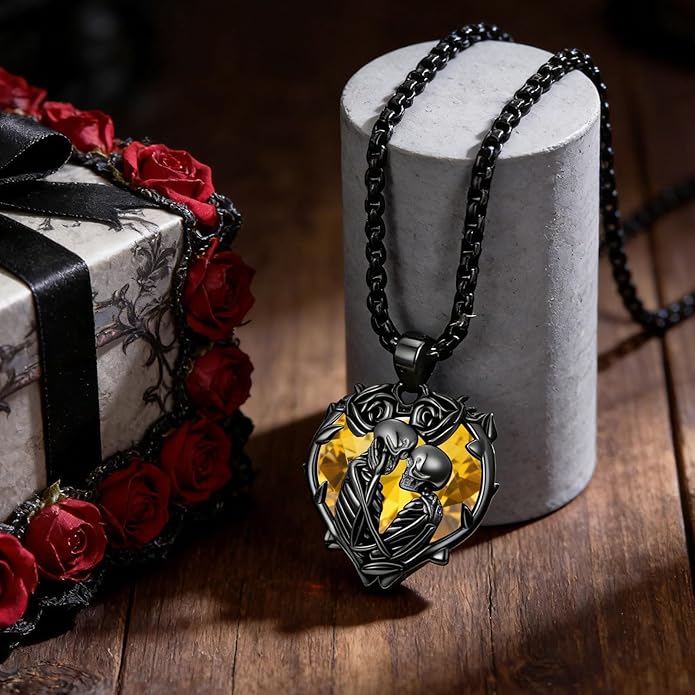 Flpruy 925 Sterling Silver Black Gothic Jewelry Gifts Skeleton Couple Pendant Crystal Birthstone Heart Necklace Punk Romantic Jewelry for Lover Men Women