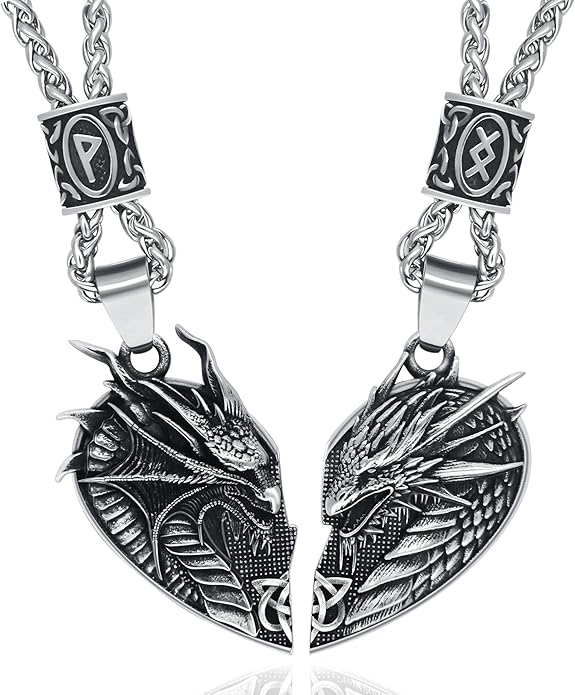 ZiWuark Matching Dragon Necklace Couples Viking Heart Necklace Jewelry for Men Women with Rune Beads