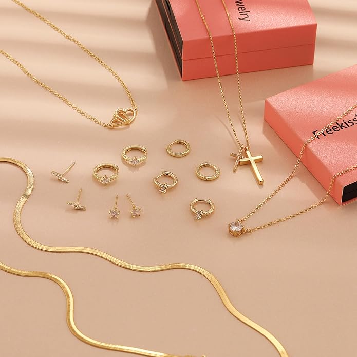 Freekiss Herringbone Necklace for Women,Dainty Gold Necklace,14k Gold Plated Snake,Gold Chain Choker Necklaces,Simple Gold Layered Necklaces,Gold Jewelry Gift for Women