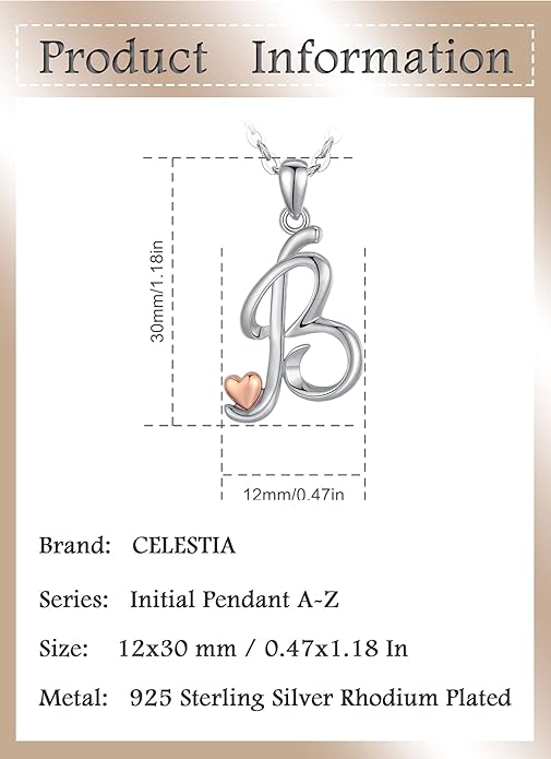 CELESTIA 925 Sterling Silver Initial Necklaces 26 Letter with Rose Gold Heart - 18 Inch Chain