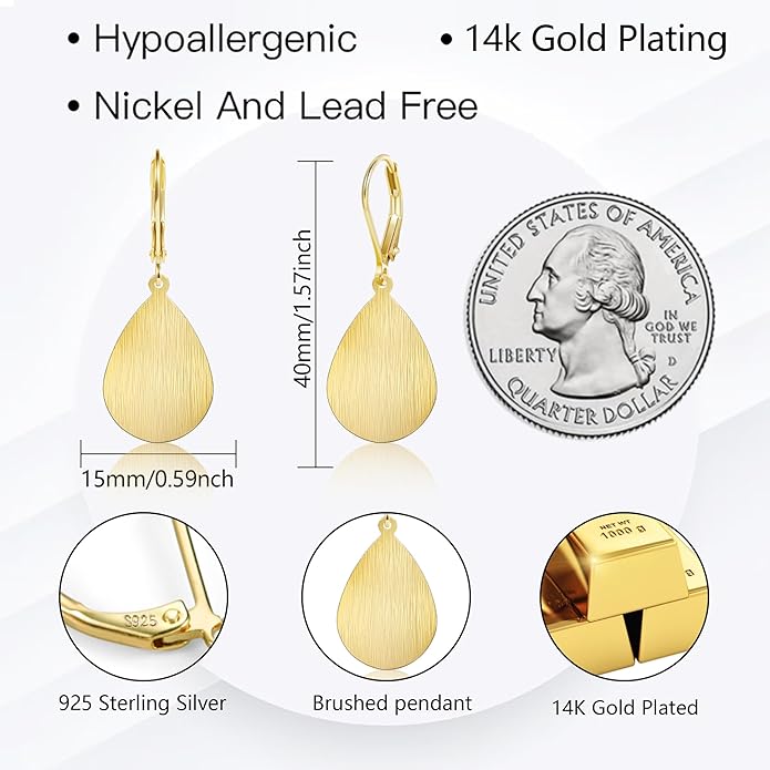 14K Gold Dangle Earrings for Women，Lightweight Circle Disc Coin Geometric Flat Brushed Drop Earrings, Hypoallergenic Leverback Earrings S925 Jewelry