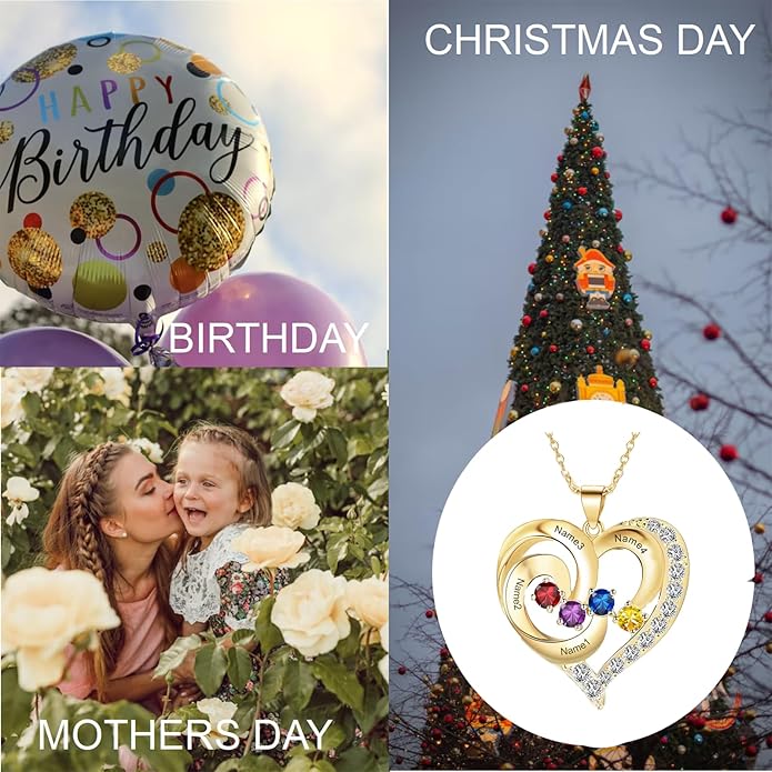 10K 14K 18K Personalized Solid Gold Nautral Diamond Mom Necklace with 1-5 Birthstones for Women Mom Wife,Custom Mother Birthstone Necklace Engraved Name Jewelry Gift for Mothers Day Birthday