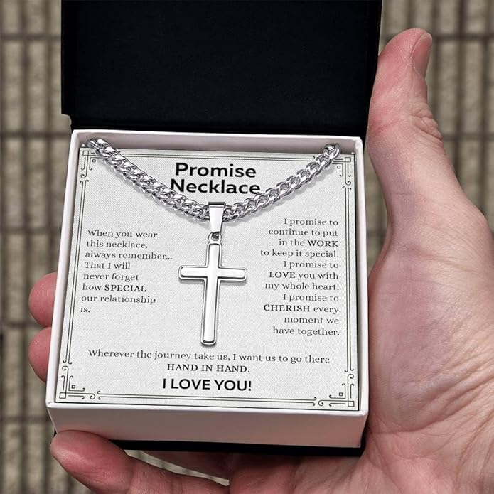 GLAVICY Promise Cross on Cuban Necklace For Him, Sentimental Gift for Husband, Boyfriend, Man with Message Card and Box, Promise Jewelry on Birthday, Valentine Day