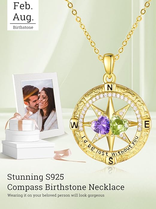 Zeuslia Double Birthstone Necklace Gifts for Wife - 925 Sterling Silver Sunflower/Rose/Crown Cross/Compass/Heart Pendant I Love You Necklace, Anniversary Birthday Gifts for Wife Girlfriend Mom Her