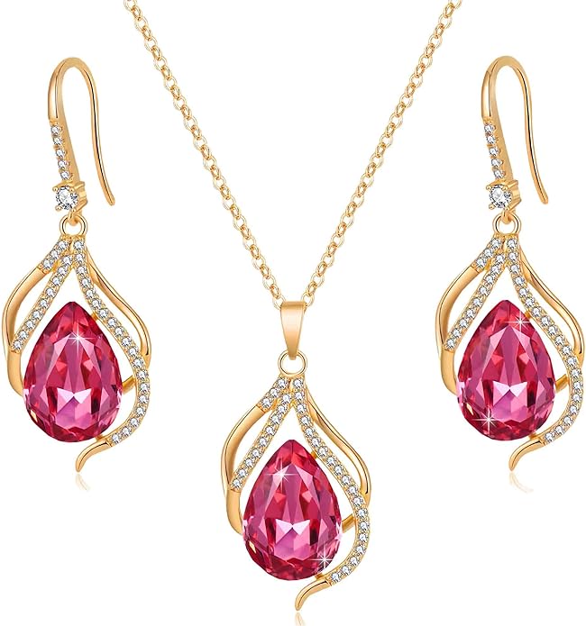 EVEVIC Austrian Crystals Teardrop Hollow Twisted Pendant Necklace Earrings for Women 14K Gold Plated Halo Drop Dangle Earrings Hypoallergenic Jewelry Set