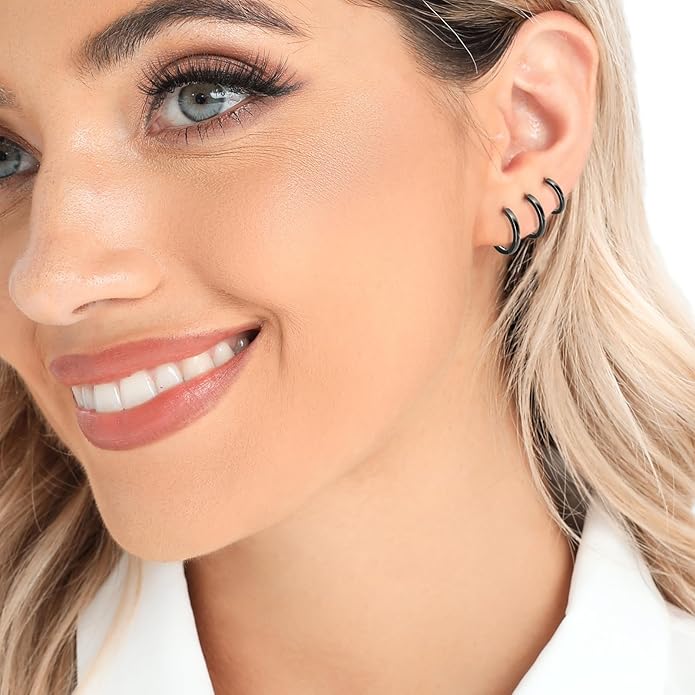 3 Pairs 925 Sterling Silver Hoop Earrings 14K White Gold Plated Small Silver Hoops Cartilage Huggie Earrings for Women Men
