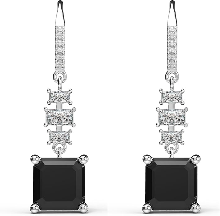18K White Gold Plated Sterling Silver Asscher Cut Cubic Zirconia Dangle Earrings for Women Square CZ Diamond Drop Dangling Earrings for Women Mom