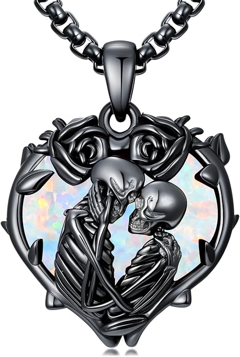 Flpruy 925 Sterling Silver Black Gothic Jewelry Gifts Skeleton Couple Pendant Crystal Birthstone Heart Necklace Punk Romantic Jewelry for Lover Men Women