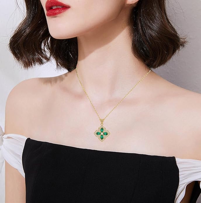 VONSSY Four Leaf Clover Necklace Earrings Shamrock Irish ST Patricks Jewelry Set Gift Green Emerald Zircon Crystal Stud 18k Gold Plated Chain Saint Pendant for Woman Wife Girlfriend