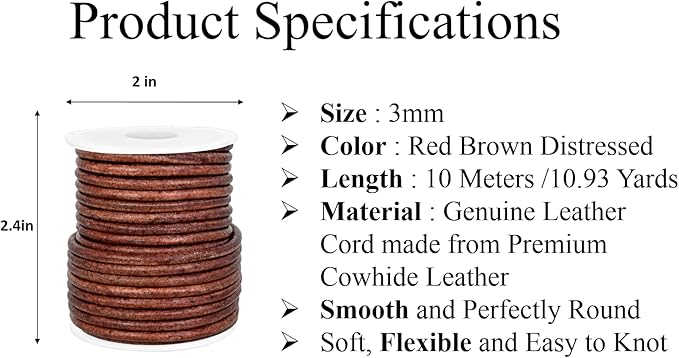 GENIQUE Real/Genuine Round Leather String Cord for Necklace, Bracelets, Jewellery, Braiding (3mm, Red Brown Distressed)