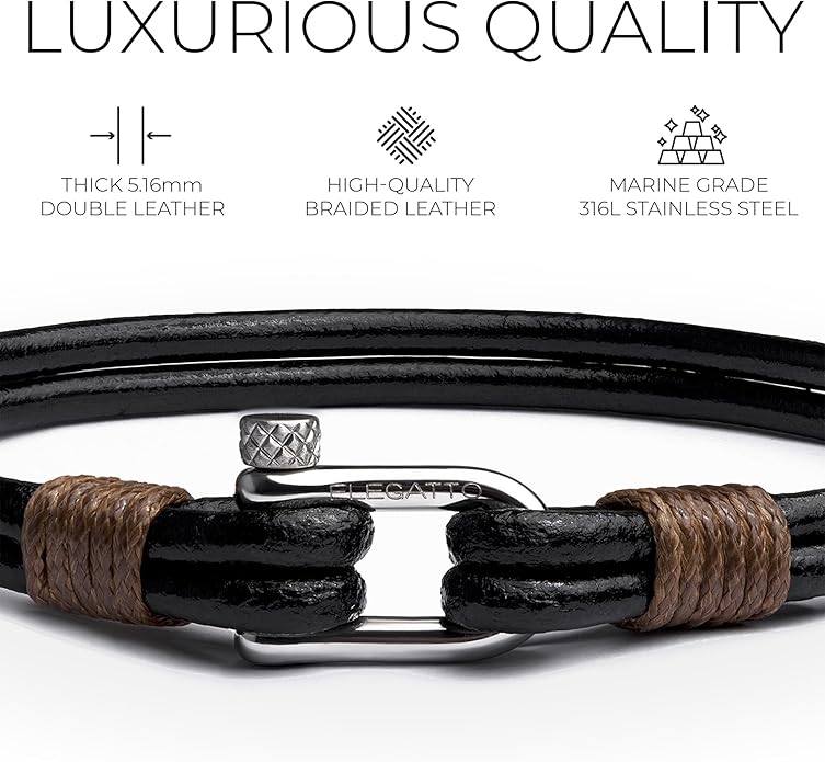 Elegatto Helix Premium Vintage Leather Bracelet for Men | Double Black Leather Strands with Sterling Silver Polished Mini Shackle Closure | Men’s Designer Jewelry