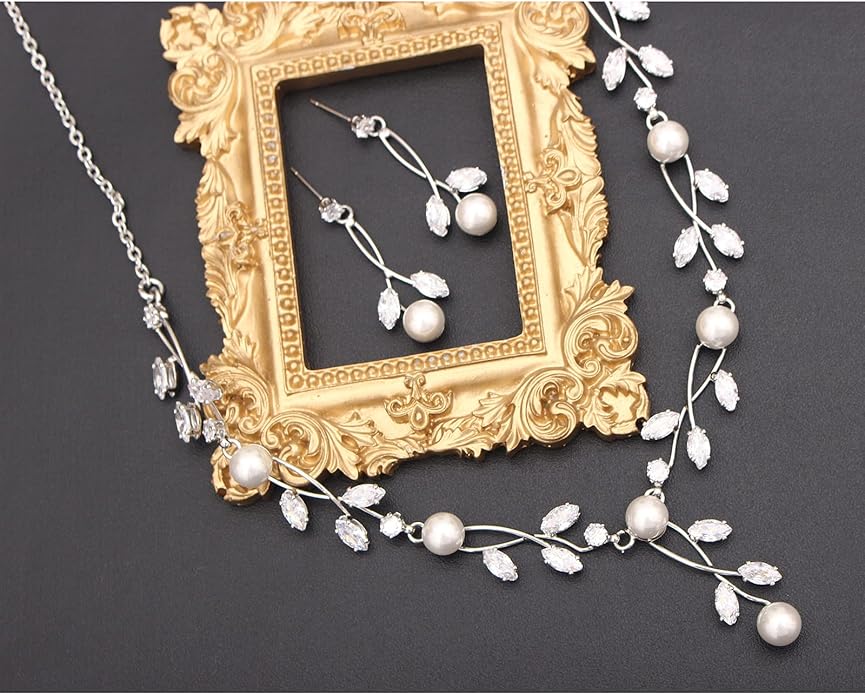 Luxury Cubic Zirconia Aurtrian Crystal Pearl Floral Necklace Dangle Earrings Wedding Bridal Jewelry Set Birthday Gifts for Her