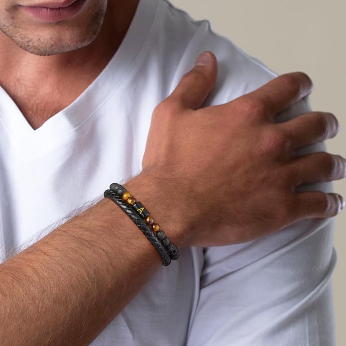 LUXEJEW Gifts for Men - Mens Bracelet, Beaded Leather Initial Bracelet 6mm Matte Agate Stone Handmade Bracelets Adjustable Stainless Steel Magnetic Clasp Mens Jewelry Gifts