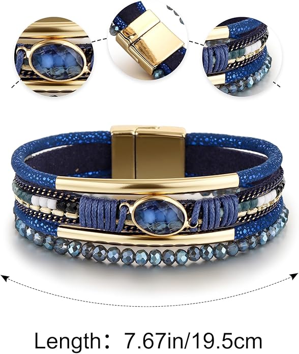 Edoneery Leather Wrap Bracelet for Women, Boho Handmade Multi-Layer Cuff with Crystal Beads Heart, Stackable Bangle Western Jewelry Gift