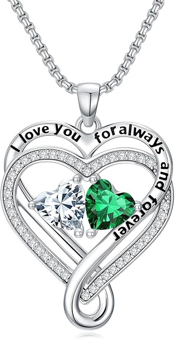 I Love You for Awlays and Forever Double Heart Necklace with Birthstone, 2 Birth Stone Jewelry Anniversary Valentines Mothers Day Christmas Birthday Gifts for Women Her Wife Girlfriend Mom Mother