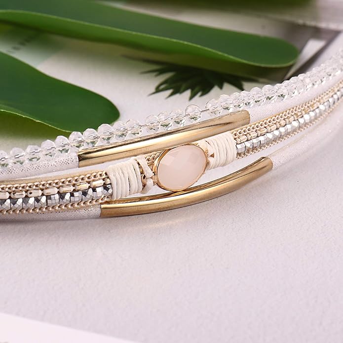 FANCY SHINY Leather Wrap Bracelets Crystal Beads Bracelet Boho Cuff Stone Charm Bracelets with Clasp Costume Jewelry for Women