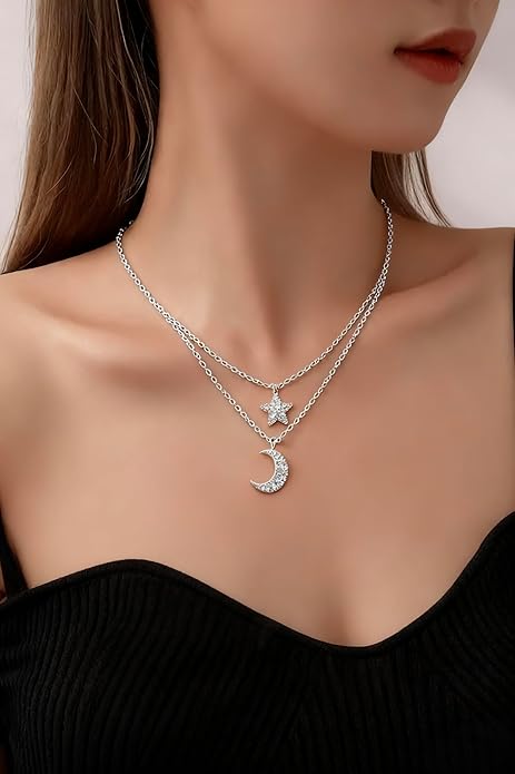 Layered Sliver Necklaces for Women - Dainty Sliver Plated Moon Star Pendant Choker, Adjustable Stackable Dainty Chain Jewelry Set,Trendy Jewelry Gift