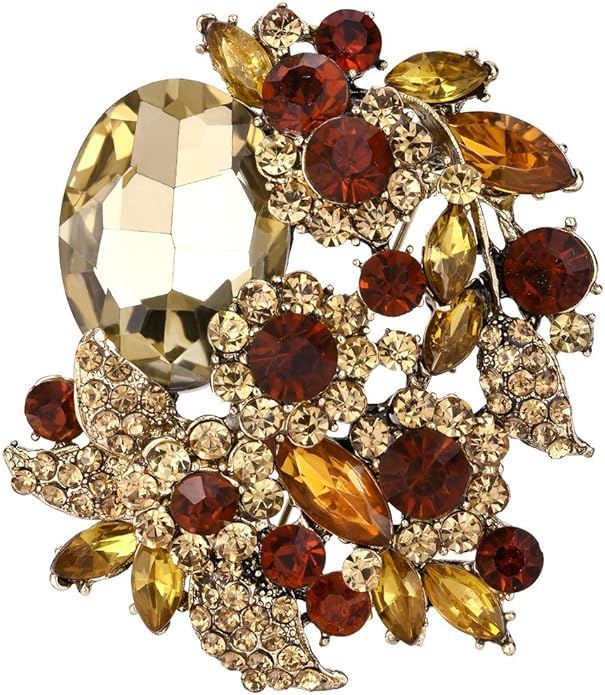 EVER FAITH Rhinestone Crystal Party Flower Leaf Vine Brooch