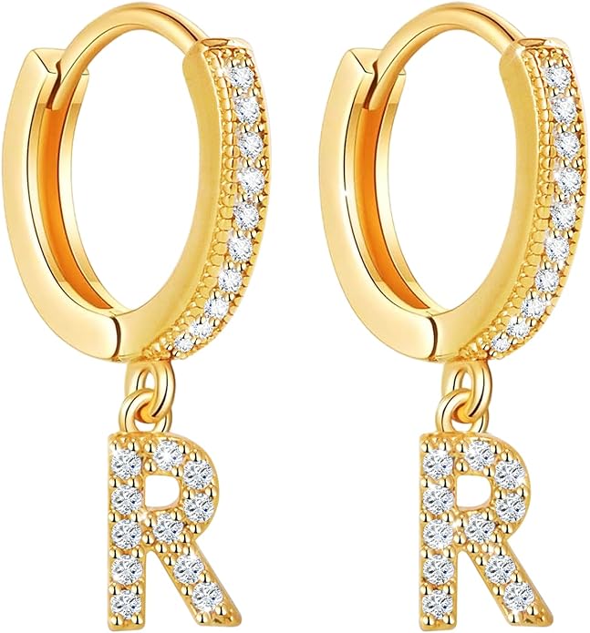 18K Gold Filled Initial Dangle Hoop Earrings for Women, 1 Pair CZ Hypoallergenic Alphabet Letter A-Z Drop Dangle Dainty Gold Earrings, Small Huggie Hoop Earrings with Cubic Zirconia Gifts Jewelry