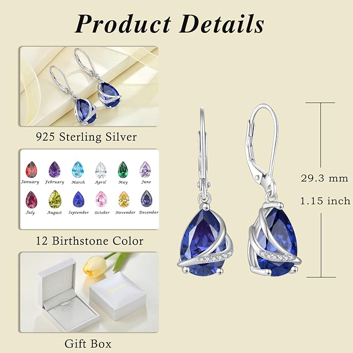 Birthstone Dangle Drop Earrings for Women 925 Sterling Silver Teardrop Leverback Earrings Jewelry Gifts for Wife Mother Her