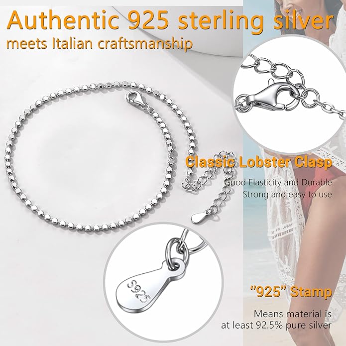 PROSILVER 925 Sterling Silver Ankle Bracelets For Women, Stylish Chain Anklets, Summer Beach Jewelry, 8.6-10.6 Inch Adjustable, Come with Box
