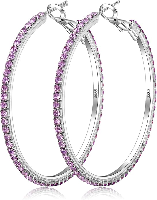 925 Sterling Silver Earrings Large Rhinestone Hoop Earrings Big Cubic Zirconia Hoop Earrings Thin Rhinestones Round Hoop Earrings for Women 20/30/40/50/60/70mm Sparkly Hoops With Crystals for Womens