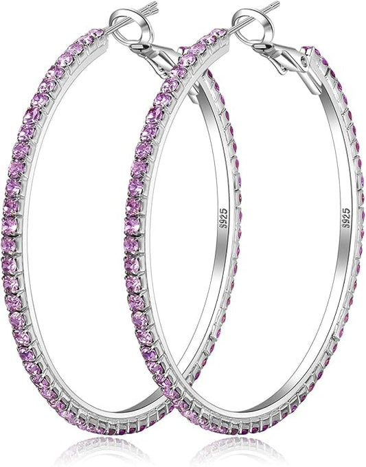 925 Sterling Silver Earrings Large Rhinestone Hoop Earrings Big Cubic Zirconia Hoop Earrings Thin Rhinestones Round Hoop Earrings for Women 20/30/40/50/60/70mm Sparkly Hoops With Crystals for Womens