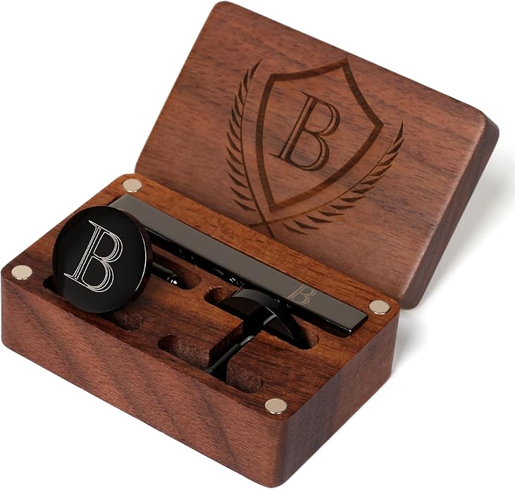 Mens Initial Cufflinks and Tie Clip A-Z Alphabet Letter Black Stainless Cuff Links Tie Bar with Engraved Walnut Wood Box Groom Groomsman Wedding Set
