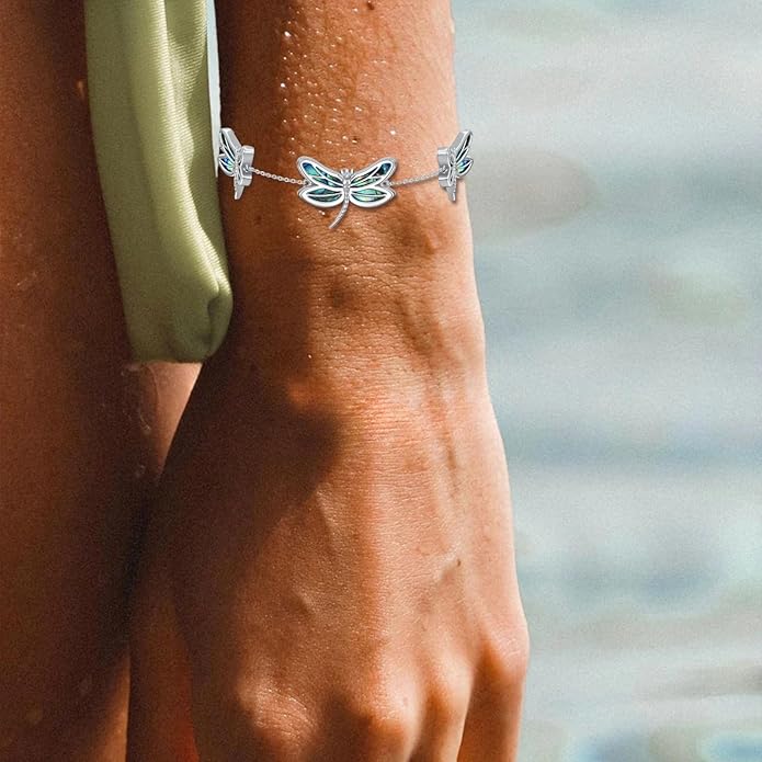 Dragonfly Abalone Bracelet 925 Sterling Silver, Adjustable Bohemian Bracelets, Genuine Abalone Shell Jewelry Birthday Gift for Her