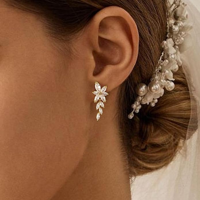 Gold Earrings for Women,Dainty 14k Gold Plated Pearl Drop Earring Dangle Pearl Dangling Earrings for Women Trendy Small Cute Wedding CZ Earring Long Chain Threader Prom Jewelry Gifts