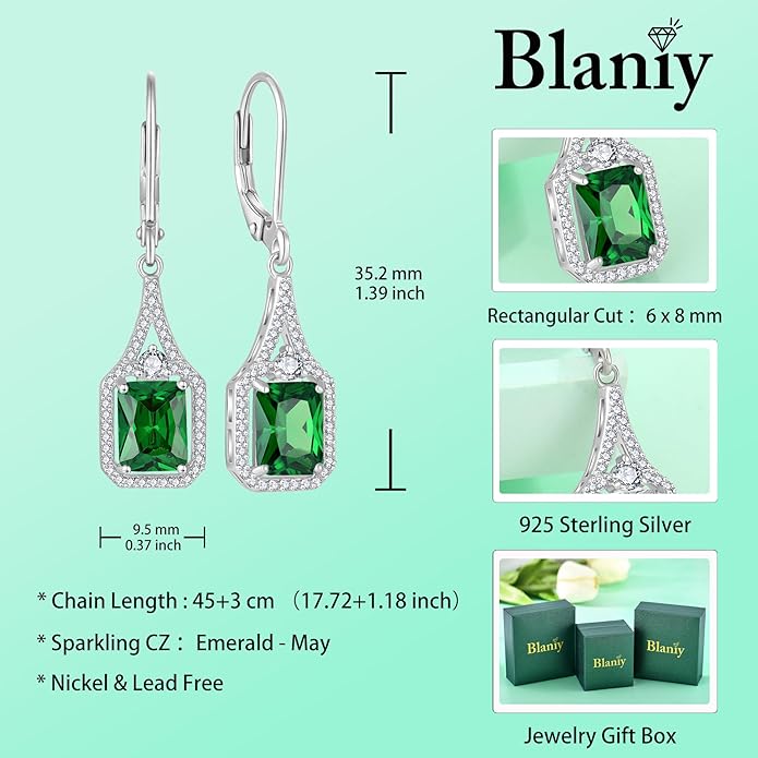 Emerald Cut Dangle Drop Earrings 925 Sterling Silver Halo Rectangular Leverback Earrings Birthstone Jewelry for Women